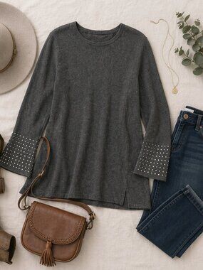 NIC+ZOE Gray Stud Sleeve Tunic Top Size M Soft Knit Long Sleeve